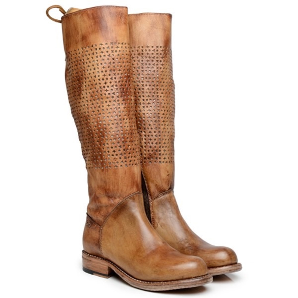 Bed Stu Women's Tall Perforated Leather Riding Boots in Cognac Brown